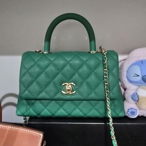 CHANEL Emerald Quilted Top Handle Bag with Gold Hardware